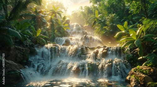 Sunlit jungle waterfall, a serene and lush setting captured in cinematic quality, culminating with AI Generative. photo