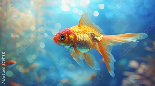 Majestic goldfish centered against a blue backdrop, a captivating undersea scene, AI Generative. © Alisa