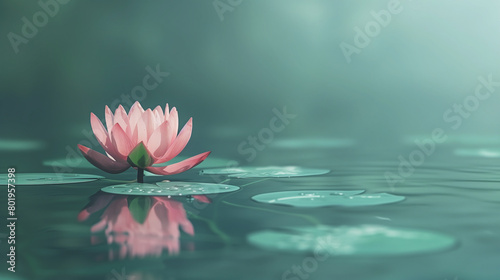 A water scene  pink lotus flower in full bloom on a pond  floating lotus leaves  with a reflection of the lotus flower in the water.