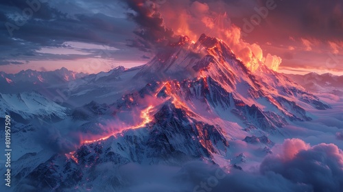 Dramatic mountain peak lit by a glowing red path, offering a cinematic and surreal landscape with AI Generative.