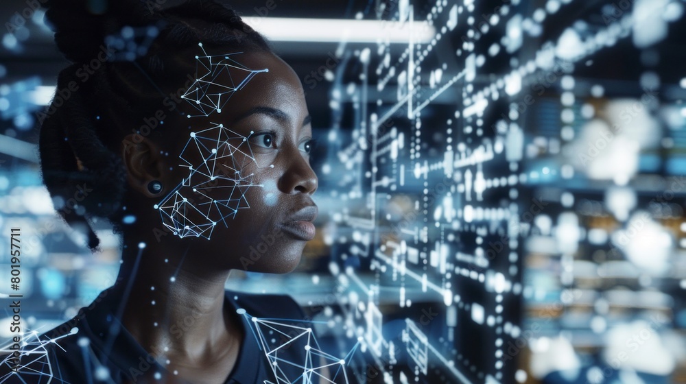 Closeup of African Woman, programmer, IT specialist, Hacker reading an html script, thinking about data analysis, cybersecurity, Coding, communication technologies, Cloud computing in a modern office Closeup of African Woman, programmer, IT specialist, Hacker reading an html script, thinking about data analysis, cybersecurity, Coding, communication technologies, Cloud computing in a modern office
