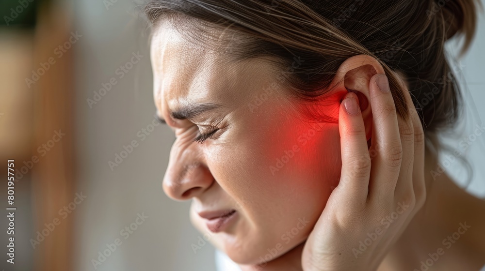 Depicting Earache and Infection: Person Grimacing, Holding Ear with Signs of Otitis and Otalgia, for healthcare advocacy, for educational resources Depicting Earache and Infection: Person Grimacing, Holding Ear with Signs of Otitis and Otalgia, for healthcare advocacy, for educational resources