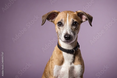 Whippet puppy looking at camera  copy space. Studio shot.