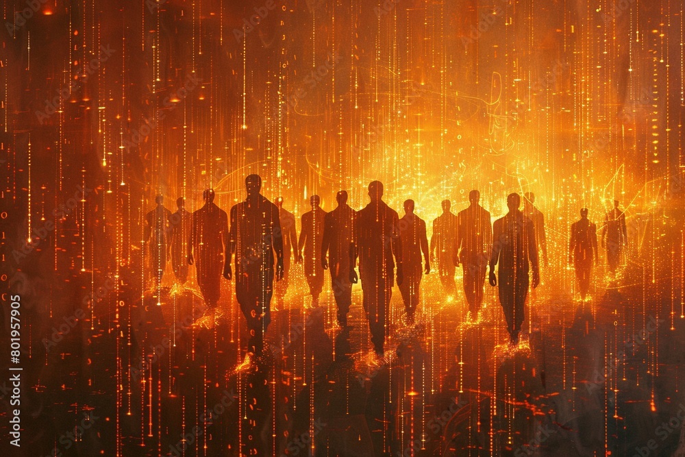 Collaborative spirit: Silhouetted business people united as a digital ...