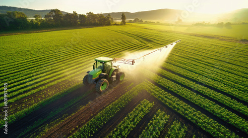 A tractor elegantly sprays pesticide on a lush green field to protect the crops from pests and disease