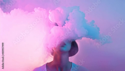 Fashion surreal Concept. Closeup portrait of silhouette woman with head surround dissolve in pastel pink violet swirling flowing cloud smoke fog. wallpaper banner clip mov 4K HD motion	
 photo