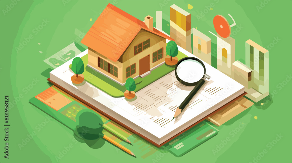 Wooden house with notebook magnifier key and diagrams