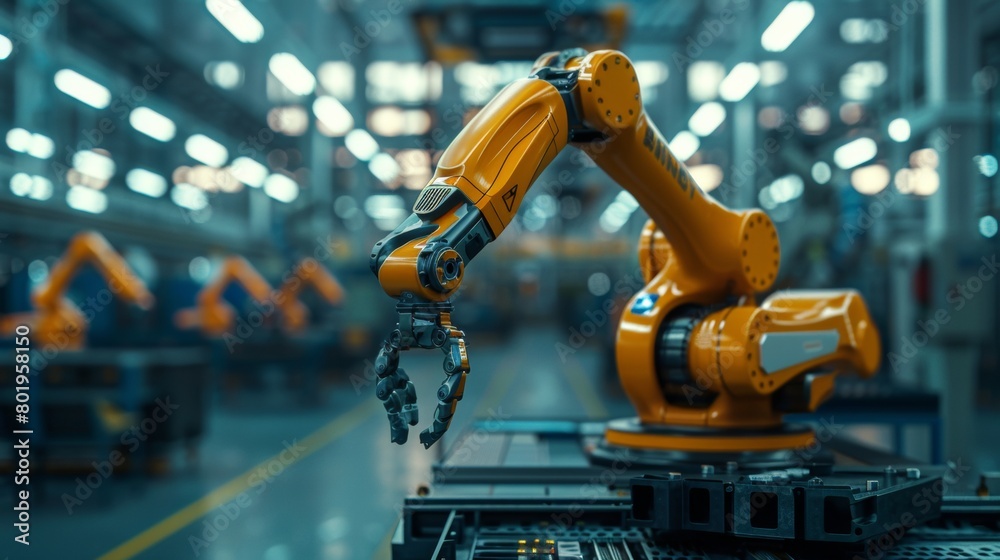 A robot with a claw is in a factory
