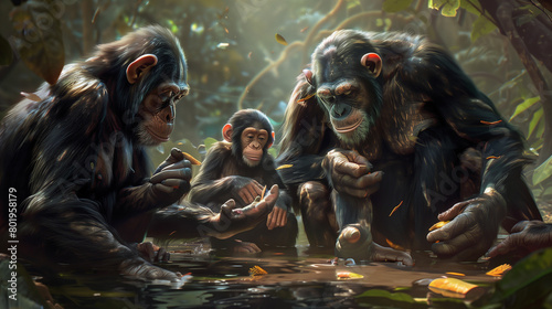Cognitive Mastery: Chimpanzees Navigating Tools and Puzzles in Natural Habitat photo
