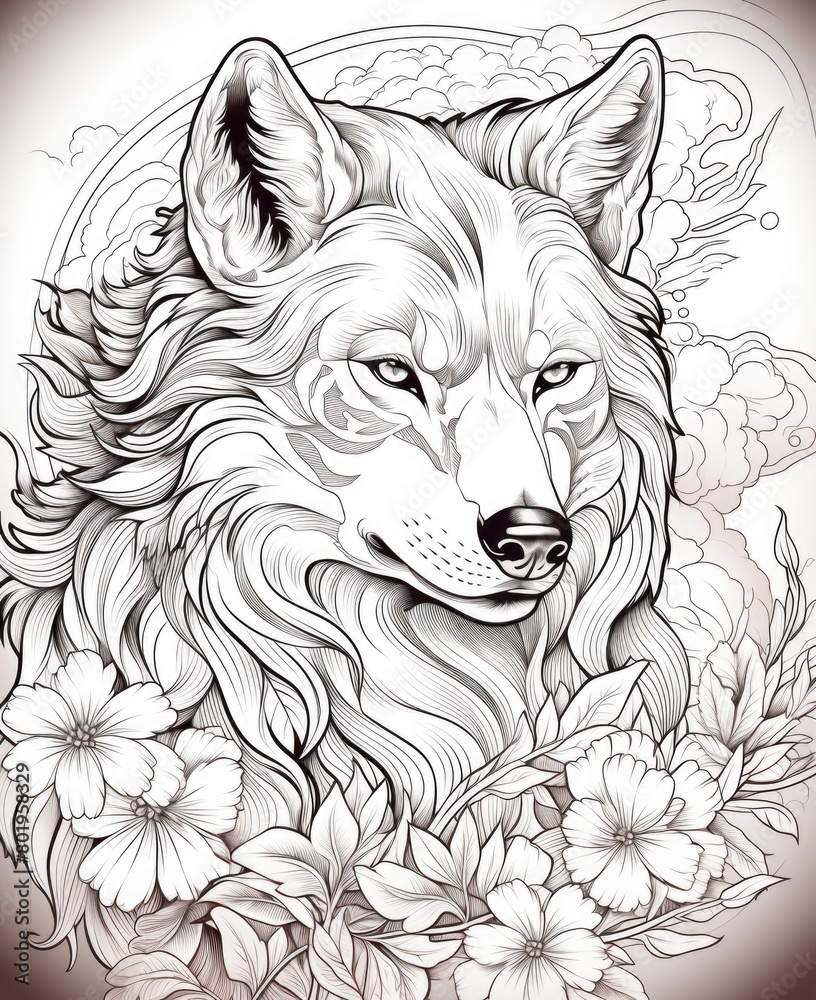 Wolf surrounded by flowers