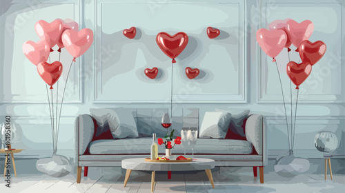 Interior of festive living room with grey sofa heart-