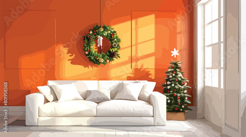 Interior of festive living room with white sofa pouf