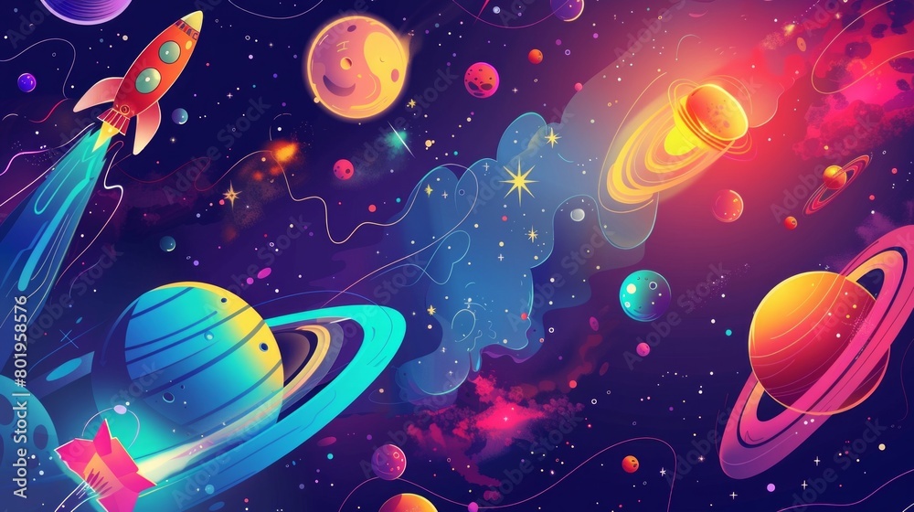 Naklejka premium Colorful space odyssey with a rocket traversing a vibrant cosmic landscape. AI Generative.