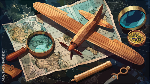 Wooden plane magnifying glass compass and maps  photo