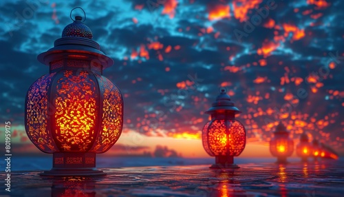  A lit lantern on an evening background.