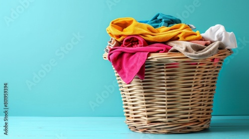 Full laundry basket with colorful clean clothes on a bright blue background  showcasing household chores AI Generative.