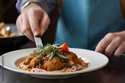 Hands of a chef preparing a plate of food, lunch and dining