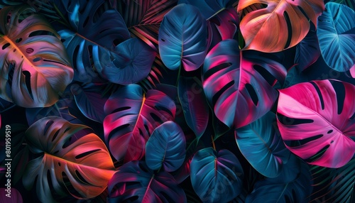 Seamless Floral Aquarium Background with Green Leaves and Flowers with Seamless Pattern Design,Creative fluorescent color layout made of tropical leaves. Flat lay neon colors © Sittipol 