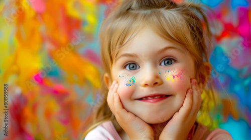Little girl with her hands on her face with colorful paint all over her face.