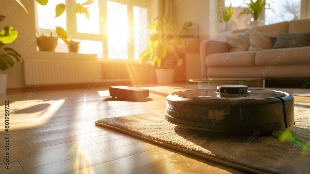 Robotic vacuum cleaner working in sunlit room, creating light patterns, AI Generative. Robotic vacuum cleaner working in sunlit room, creating light patterns, AI Generative.