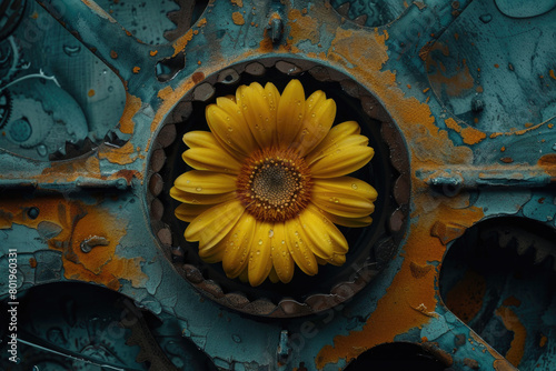 A yellow gerbera flower positioned amidst machinery cogs.

