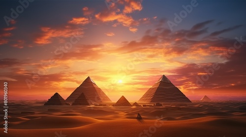 Pyramids at sunset in Egypt. Fantasy Egyptian landscape  fiction view. Scenery of desert.