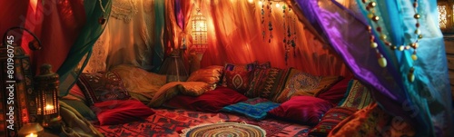 Brightly colored pillows and pillows are arranged in a tent with lights. Colorful interior banner photo