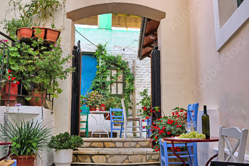 Wine and grapes on the table in Parga Greece © goce risteski