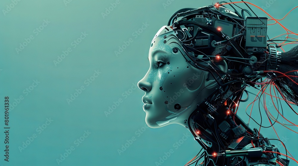 Side View of Futuristic Female Robot with Connected Wires on Blue Background Side View of Futuristic Female Robot with Connected Wires on Blue Background