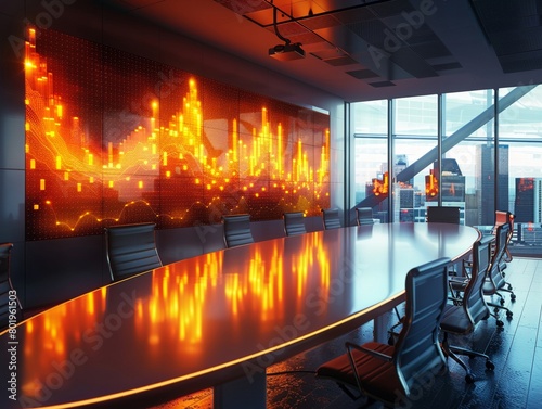 A corporate presentation room with a 3D graph made of flames, impressing investors with hot revenue trends © ปรัชญา ตอพรม ตอพรม