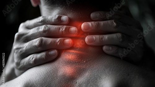 Pinched Nerve Agony: Crimson Glow Accentuating Neck Massage Pain, radiating neck pain illustration. photo