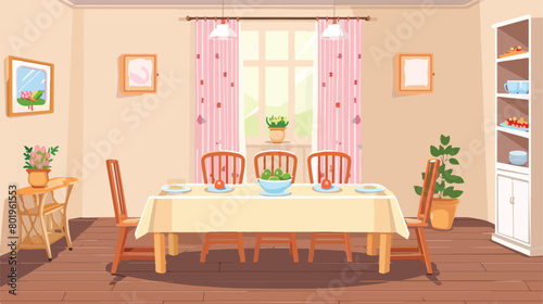 Interior of room with dining table served for Easter