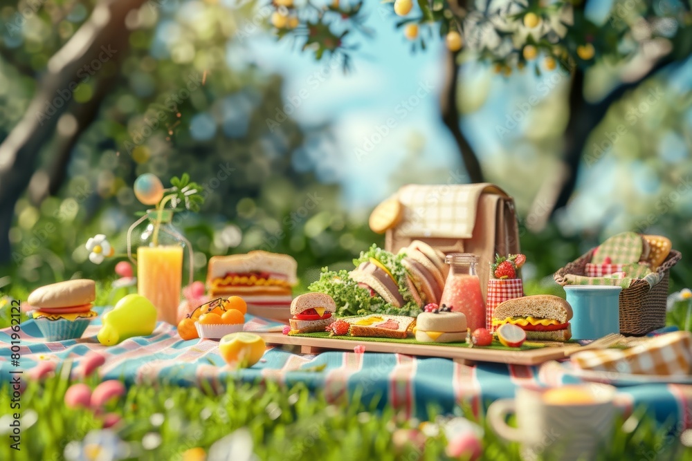 A picnic table is set with a variety of food and drinks, including sandwiches A picnic table is set with a variety of food and drinks, including sandwiches