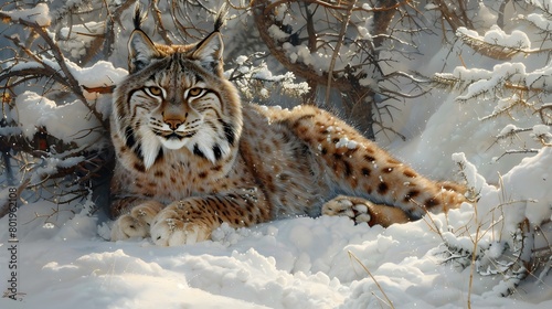 A cunning lynx crouched in the snowy underbrush, its intense gaze fixed on unseen prey. 4k wallpaper
