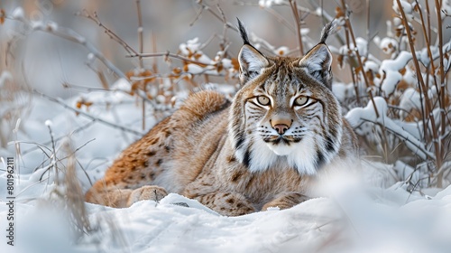 A cunning lynx crouched in the snowy underbrush, its intense gaze fixed on unseen prey. 4k wallpaper © Pervaiz