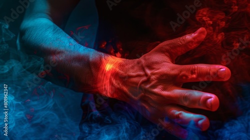 Enveloped in Crimson: The Agony of Carpal Tunnel Syndrome, hands and wrist joint pain illustration, work-related injury. photo