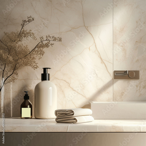 Modern and Elegant Bathroom Setting: Serene Ambiance with Natural Light and Marble Wall