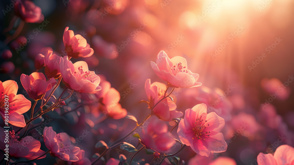 A field of pink flowers with the sun shining on them A field of pink flowers with the sun shining on them