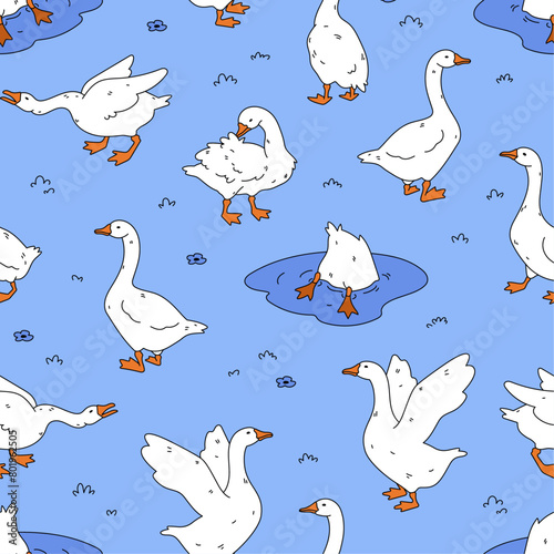 Goose seamless pattern. Cute cartoon ducks on blue background. Hand drawn vector illustration. Texture for print, textile, fabric