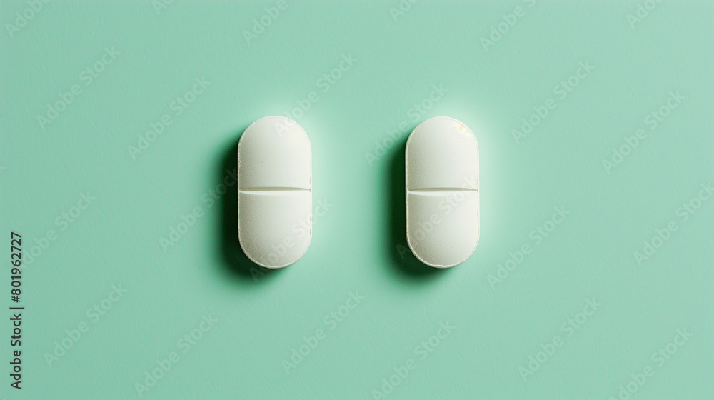 An eye-catching image featuring two pills arranged in a top view position on a light green background, with a vibrant pop art style. The vivid colors of the pills contrast beautifully against the back An eye-catching image featuring two pills arranged in a top view position on a light green background, with a vibrant pop art style. The vivid colors of the pills contrast beautifully against the back