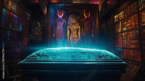 sarcophagus with egyptian mummy on a colorful hieroglyphs wall background inside a tomb in a pyramid secret chamber. photo