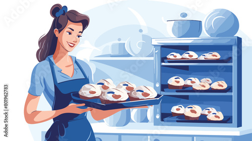 Young woman taking tray with cupcakes from oven 