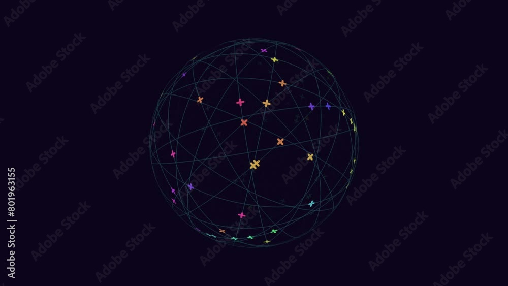 A vibrant, visually appealing image of a colorful sphere. The surface is scattered with small, connected dots forming a dynamic pattern
