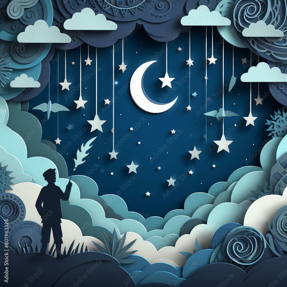 Naklejka premium the night sky with a Background of Clouds and Stars in Cut and Paste Paper Style