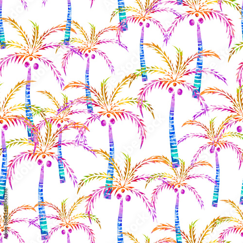 Multicolor Watercolor Palm Tree Seamless Pattern
