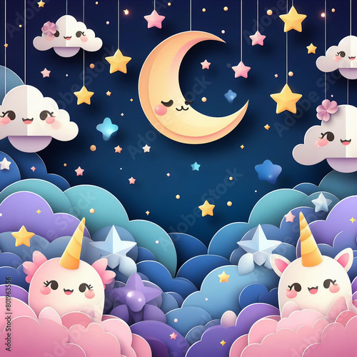 the night sky with a Background of Clouds and Stars in Cut and Paste Paper Style