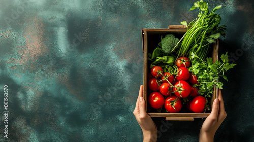 A person is holding a wooden box filled with a variety of vegetables including plum tomatoes, cherry tomatoes, and other natural foods like seedless fruit and bush tomatoes photo