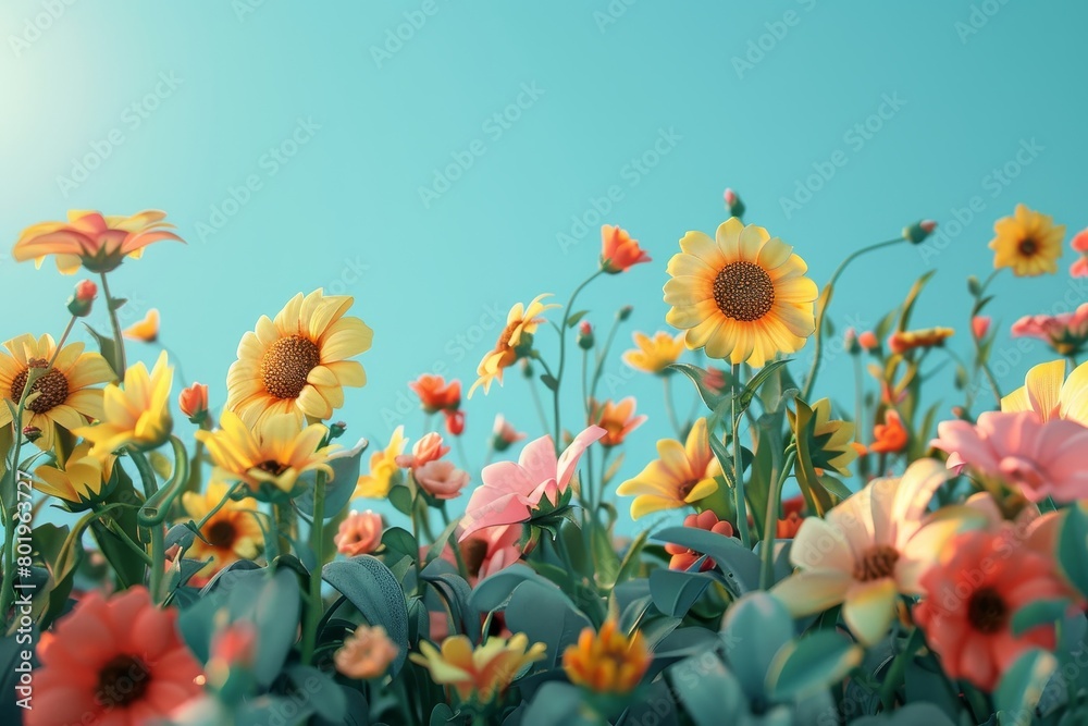 Obraz premium A field of flowers with a blue sky in the background