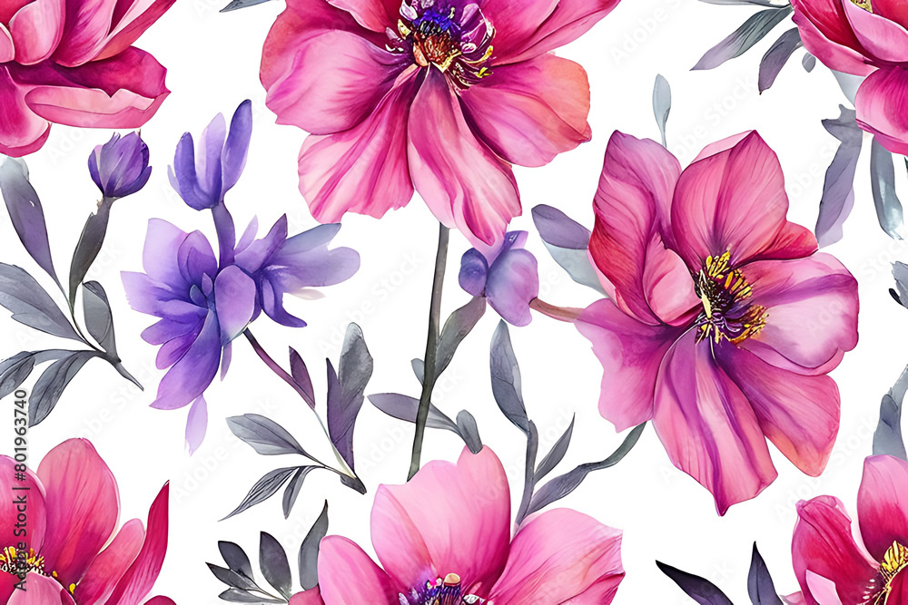 Obraz premium Watercolor Pink and purple flowers in various shapes and sizes. on a white background