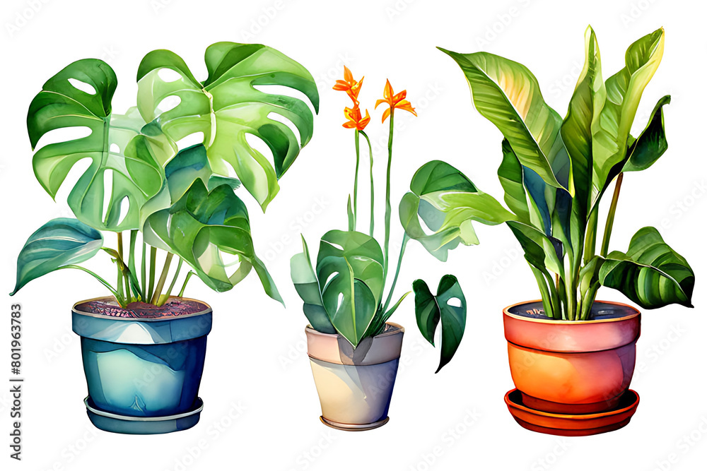 Obraz premium Watercolor painting of three houseplants in a row. The trees have different sizes and leaves. Tall bird-of-paradise flowers with orange and blue flowers in the center. on a white background